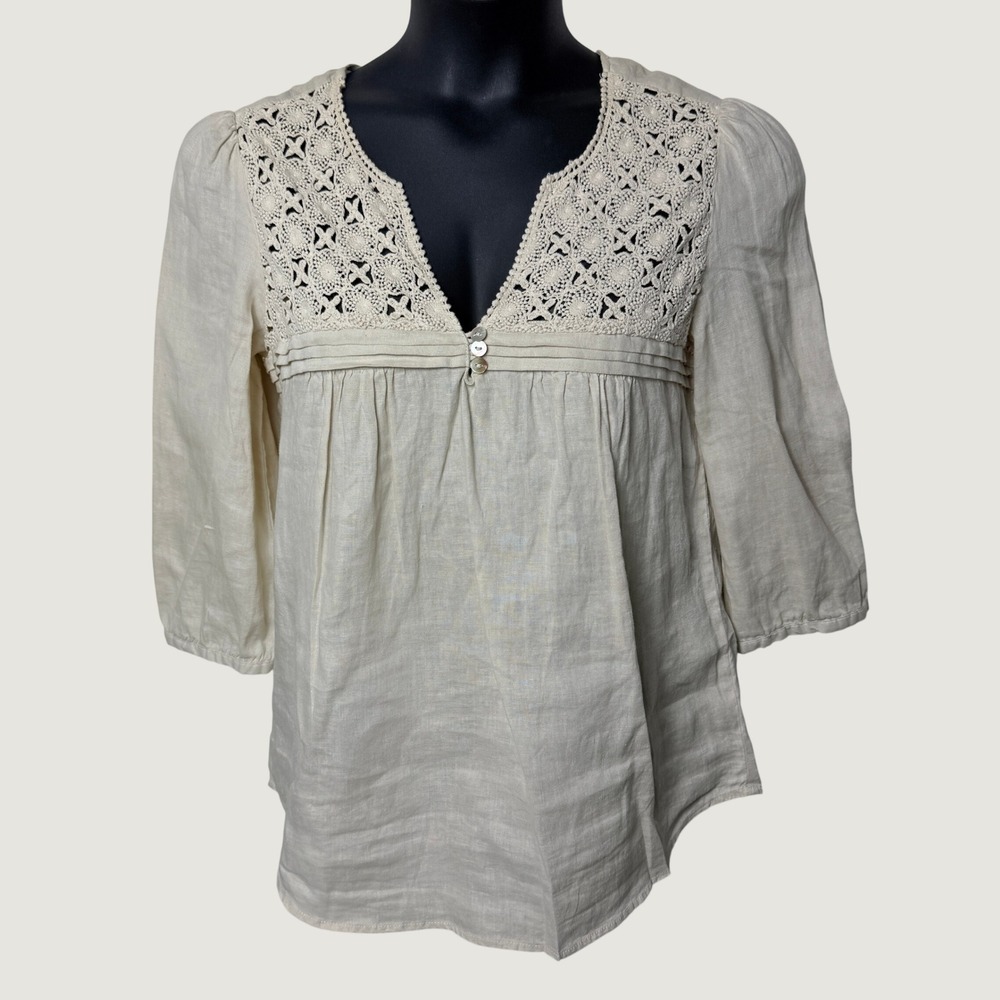Malvin Pop-Over Women's Top Size 8/Medium Linen Crochet Cream BOHO